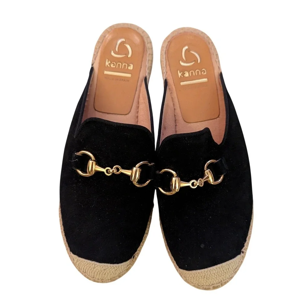 Kanna Women's Dora Black Suede Espadrille Mules‎ Horsebit Buckle- Size 7.5